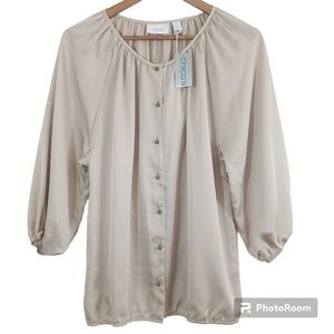 NWT Chico's Soft Sheen Natalia Khaki Button Down Peasant Boho Blouse Size Medium